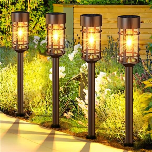 Solar Pathway Lights 8 Pack Outdoor Garden Walkway Driveway Waterproof Metal Gla - Picture 1 of 7